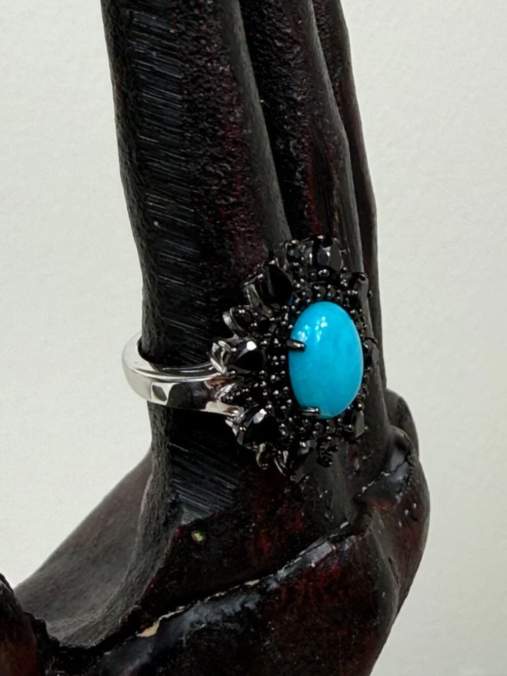 Sterling Silver Sleeping Beauty Turquoise and Black Spinel Ring Size 5.25